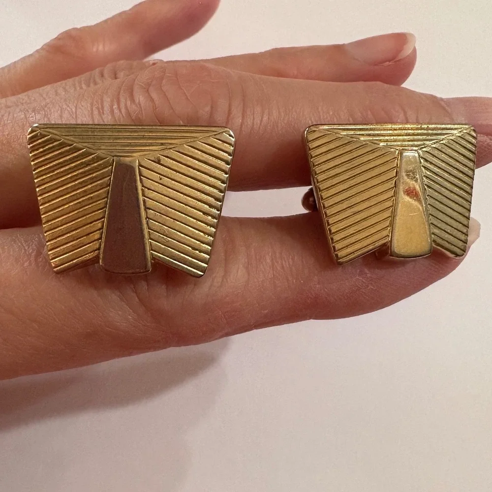 1970s Vtg Hanson‎ Gold Tone Cufflinks Textured Geometric Vintage Mens Jewelry